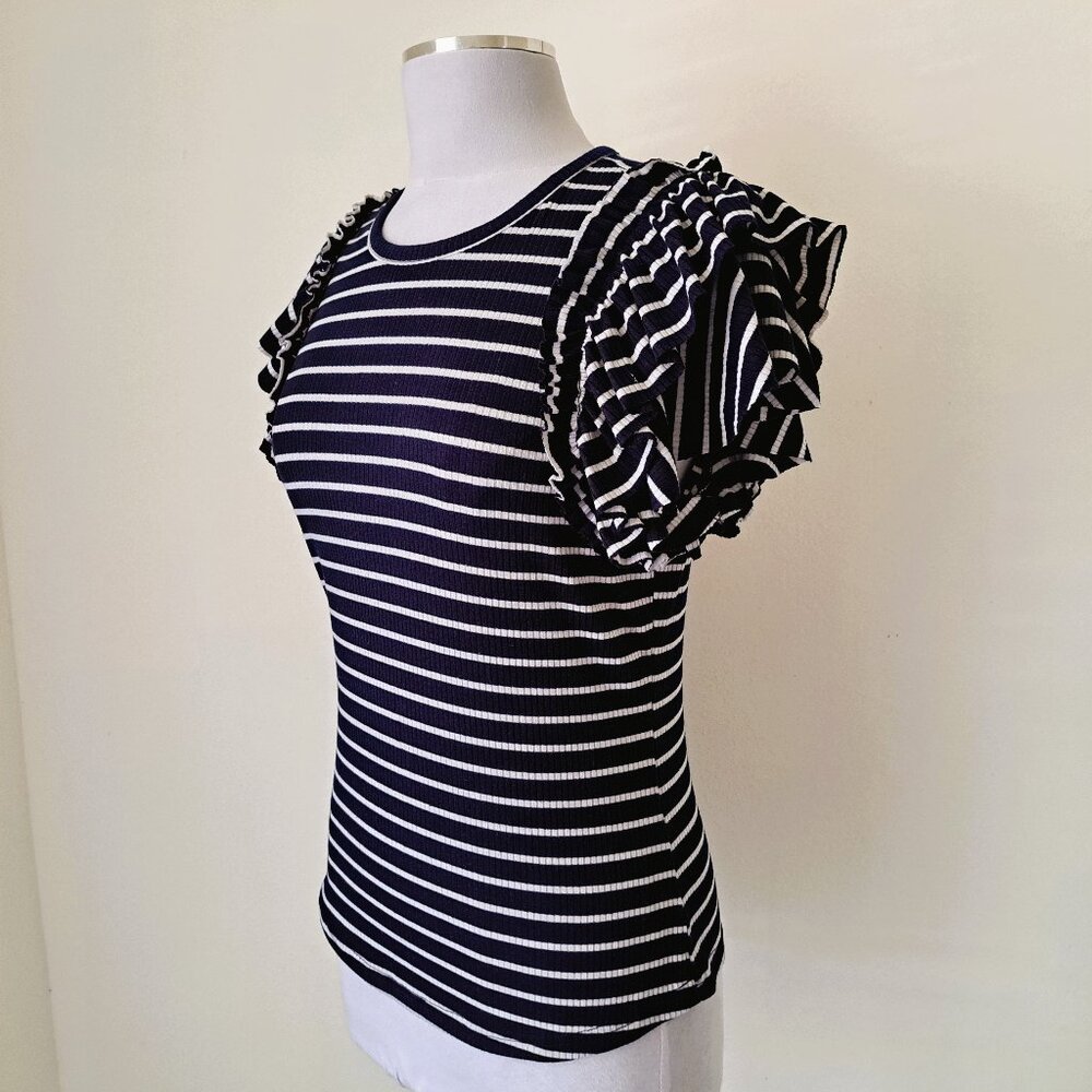 Stem & Vine Women Stripes Top Ruffles Short Sleeve Size M